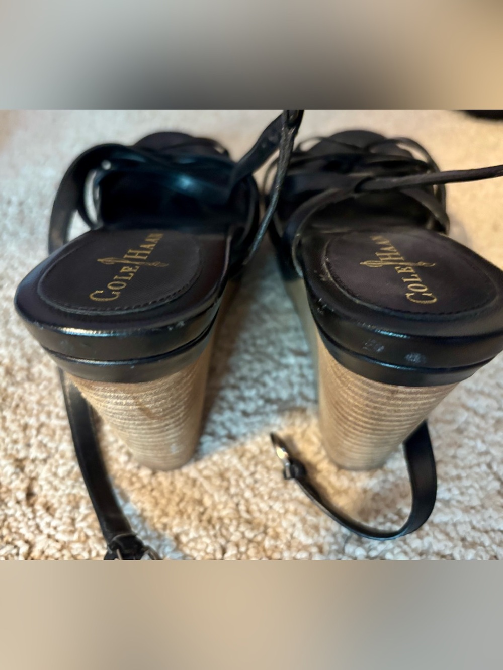 Cole Haan Black Leather Platform Sandal Heels with Stacked Wood-Look Heel